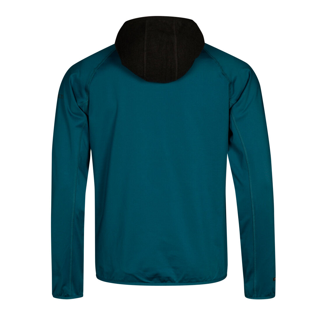 Halti Circuit II Huvtröja Herr i blågrön med svart huva, Active Dry-material, visad bakifrån på vitt.