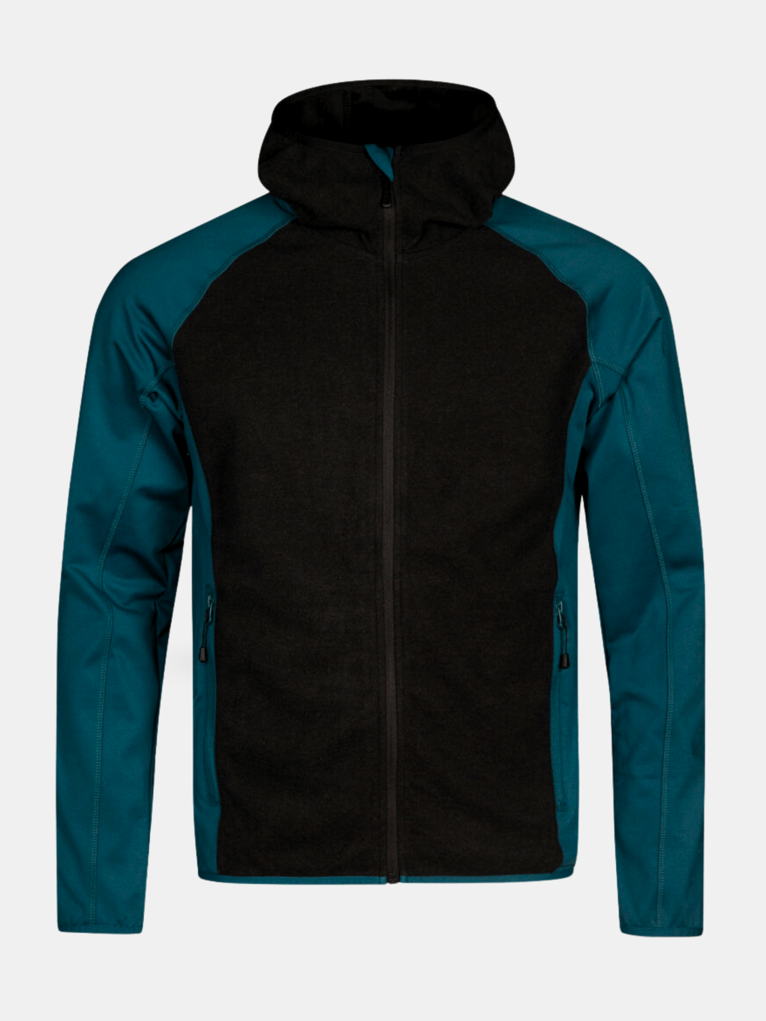 Halti Circuit II Huvtröja Herr: sportig huvtröja med svart front/huva, tealfärgade ärmar och Active Dry, på ljus bakgrund.