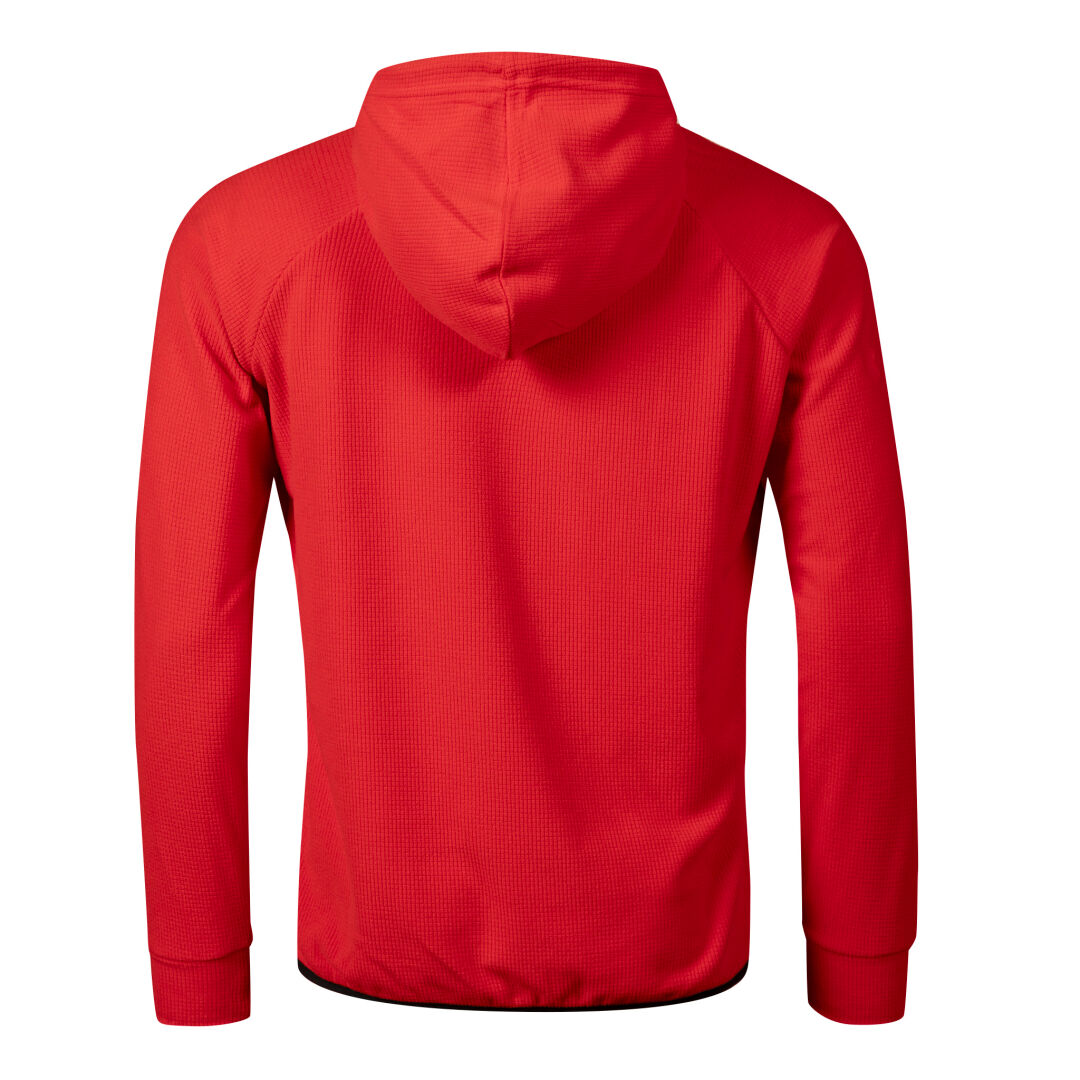 Bakifrån av en enfärgad röd Halti Crissgon Hoodie Herr i Active Dry, inga logotyper eller designer, mot vit bakgrund.