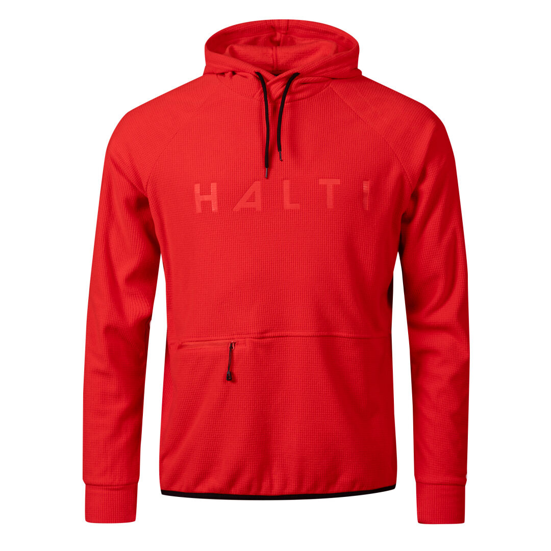 En röd Halti Crissgon Hoodie Herr med Active Dry-tyg, framficka och tydligt HALTI-tryck över bröstet.
