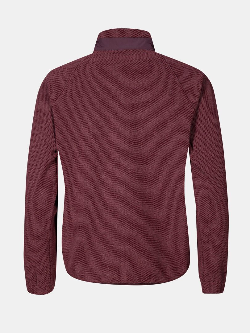 Bakifrån Halti Soolo Mellanlager Dam, rödbrun strukturerad med upphöjd krage, mot enfärgad bakgrund.