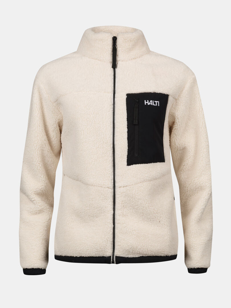 Halti Lumista Polar Fleecejacka Dam i krämfärgad med svart kant och bröstficka med Halti-logotyp.