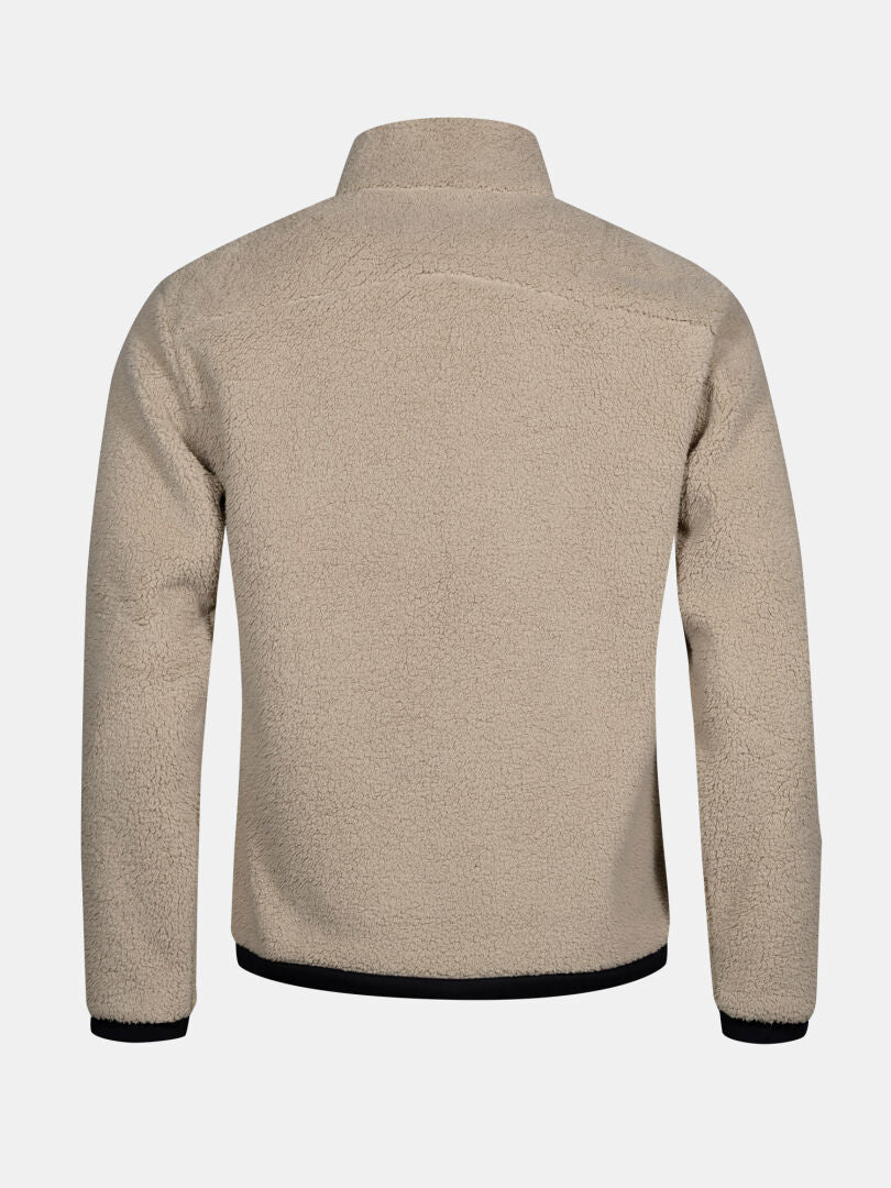 Bakifrån på Halti Lumista Polar Fleecejacka Herr i beige med svart kant, lång ärm, perfekt för vandring.