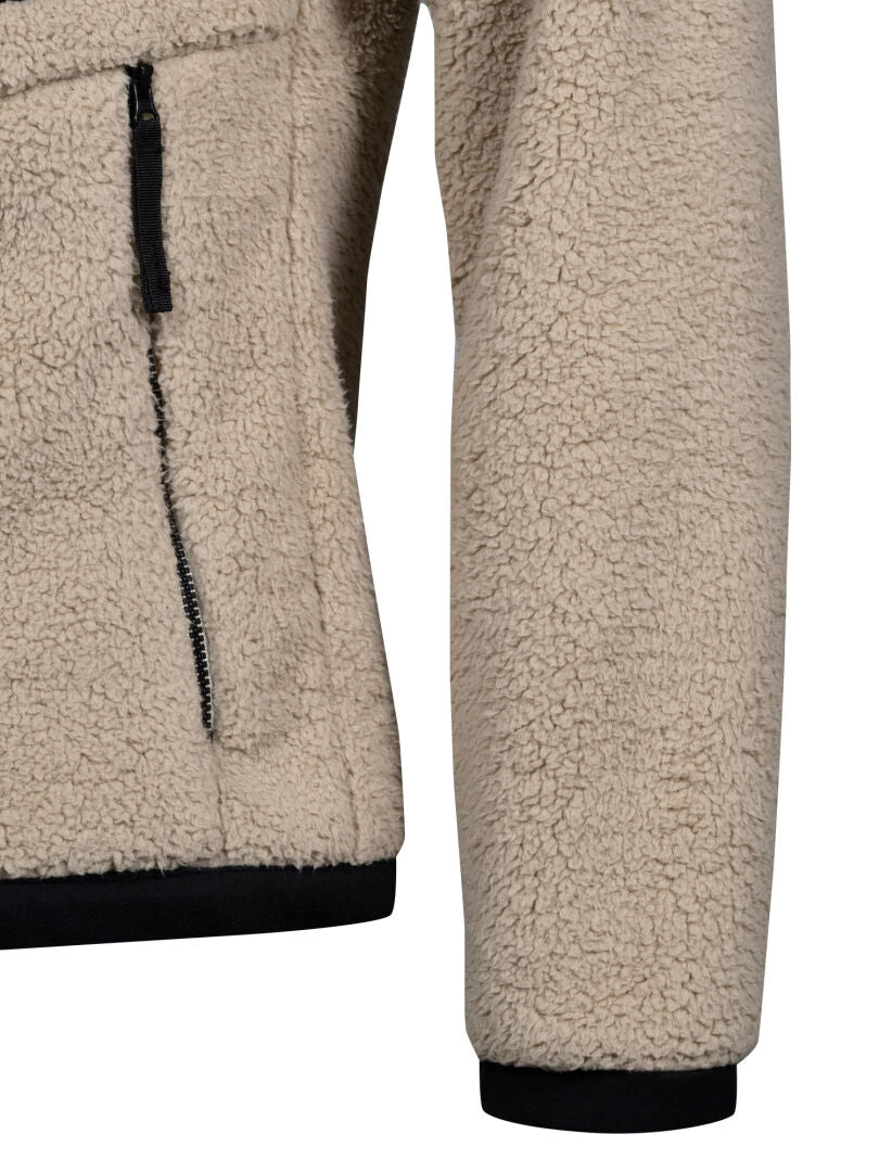 Närbild på Halti Lumista Polar Fleecejacka Herr-ärm med svart kant och ficka med dragkedja, perfekt för vandring.