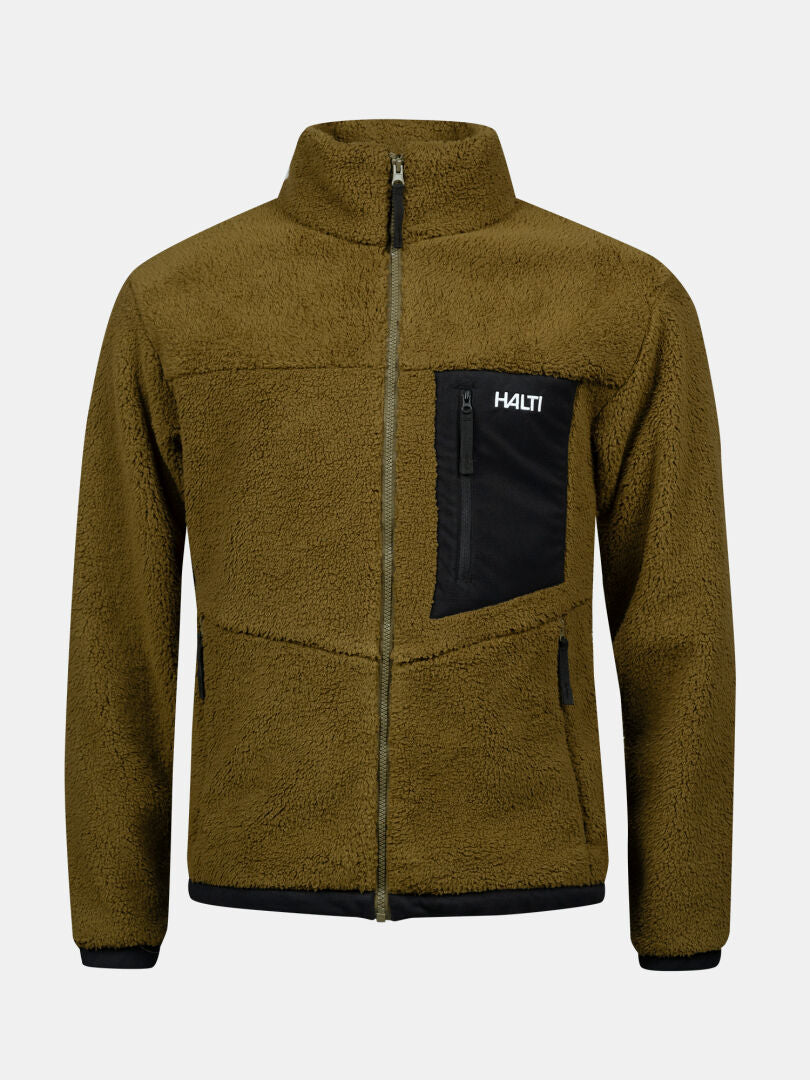 Halti Lumista Polar fleecejacka herr i olivgrönt har en svart bröstficka och HALTI-logotyp på vänster bröst.