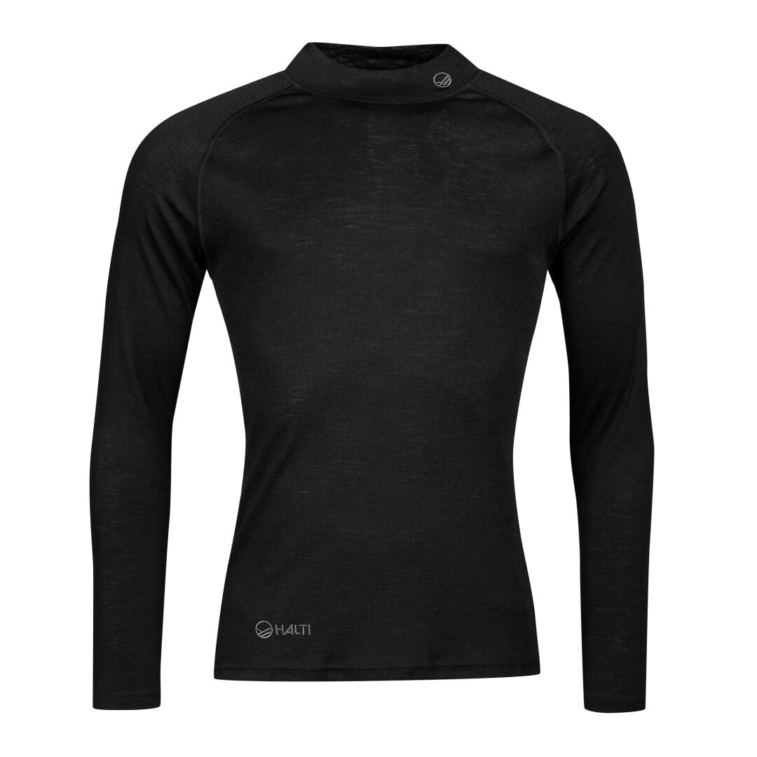 Neva Merino 3/4 Underställ Set Herr från Halti är en svart, långärmad sporttröja som visas mot en vit bakgrund.