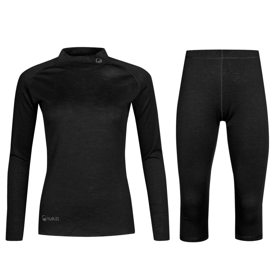 Halti Neva Merino 3/4 Underställsset Dam i svart, långärmad topp och leggings visas mot vit bakgrund.