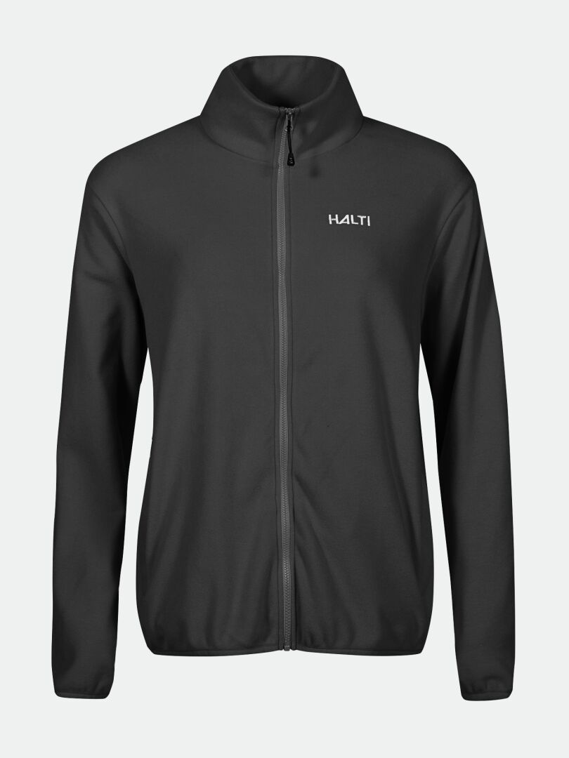 Halti Rockmoon Fleecejacka Dam, svart zip-up med hög krage och logotyp på bröstet, visas på enfärgad bakgrund.