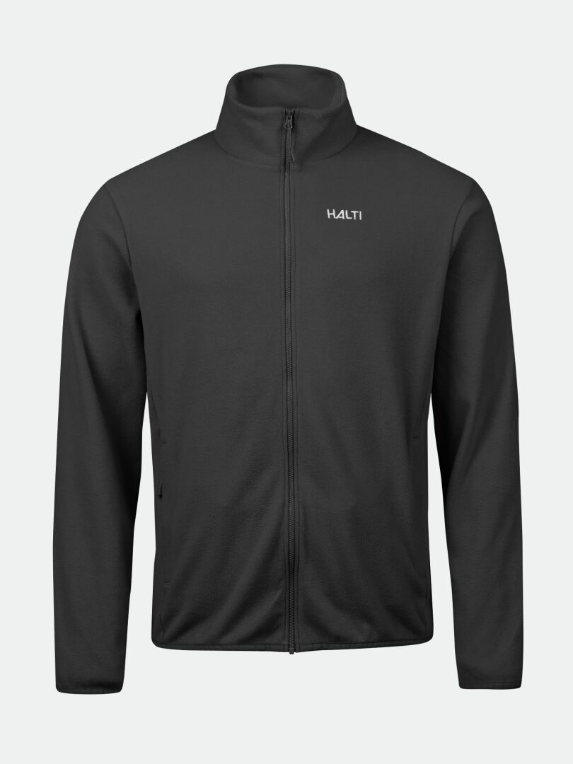 Rockmoon Fleecejacka Herr från Halti är svart, har en hög krage, varm fleecekänsla och en logotyp på vänster bröst.