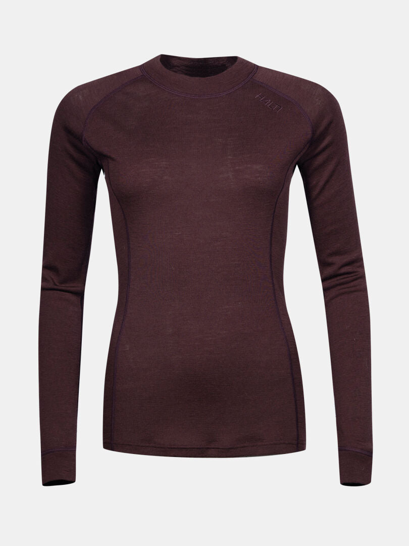 Halti Hossa II Merino Underställ Set Dam långärmad rundhalsad skjorta i mörklila på en enfärgad vit bakgrund.