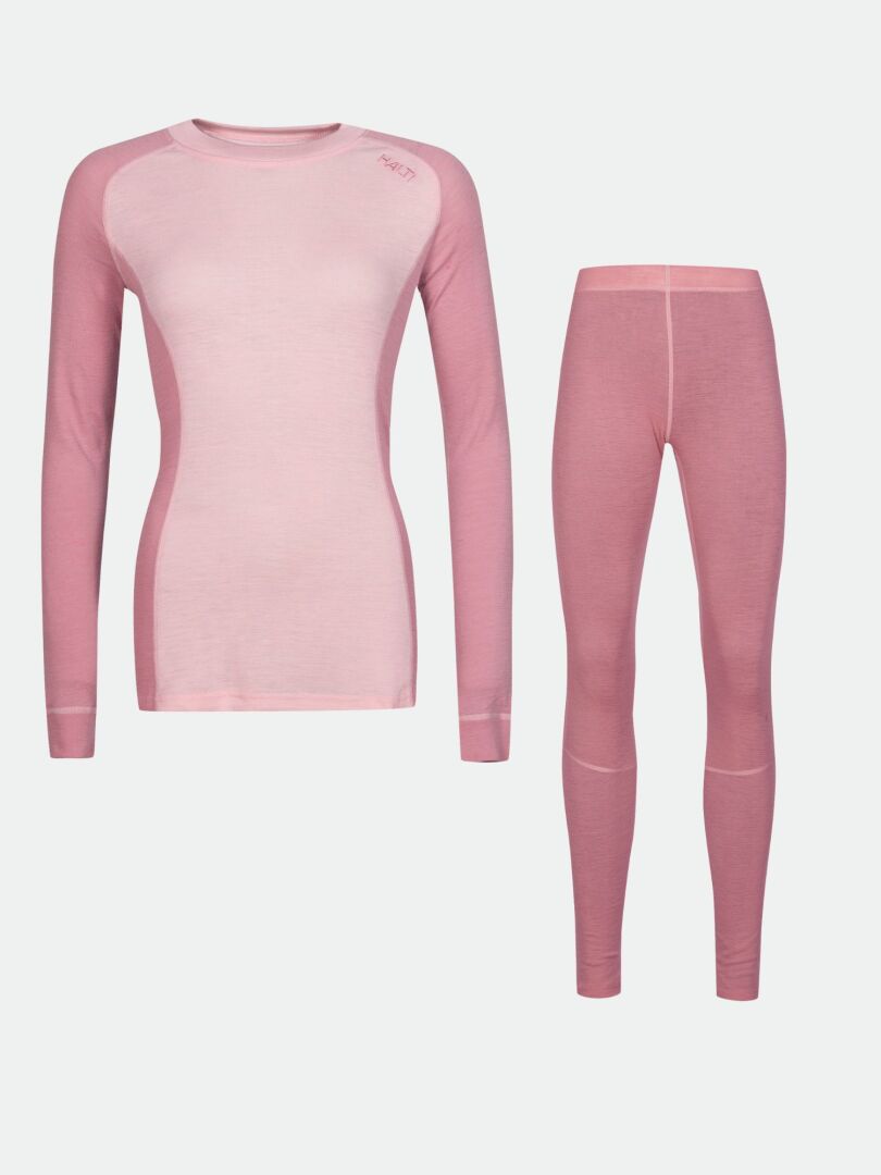 Halti Hossa II Merino Underställ Set Dam i rosa, med långärmad topp och leggings, visas på vit botten.