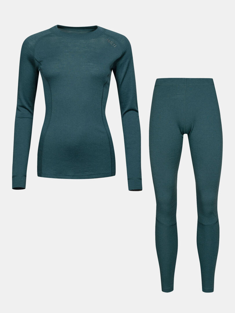 Halti Hossa II Merino-underklädeset för damer i färgen teal, tillverkat av mjuk merinoull, mot ljusgrå bakgrund.