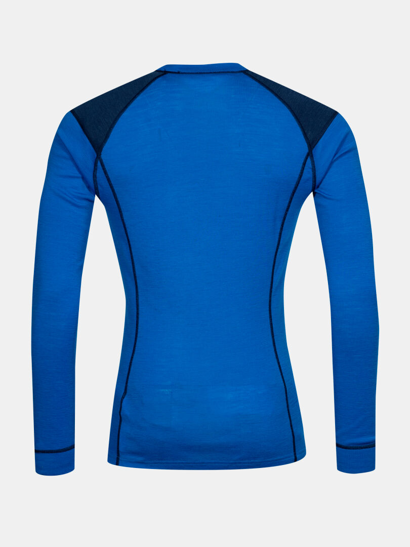 Halti Hossa II Merino Underställ Set Herr är en blå långärmad herrtröja med mörka axelpartier och svarta sömmar.