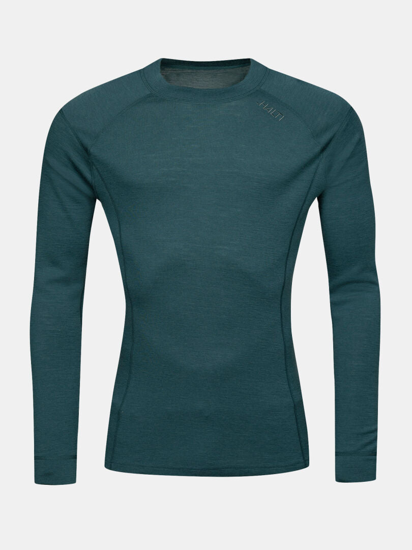 Halti Hossa II Merino-undertröja för herr: turkos med rund hals, perfekt att bära i lager, diskret logotyp på axeln.