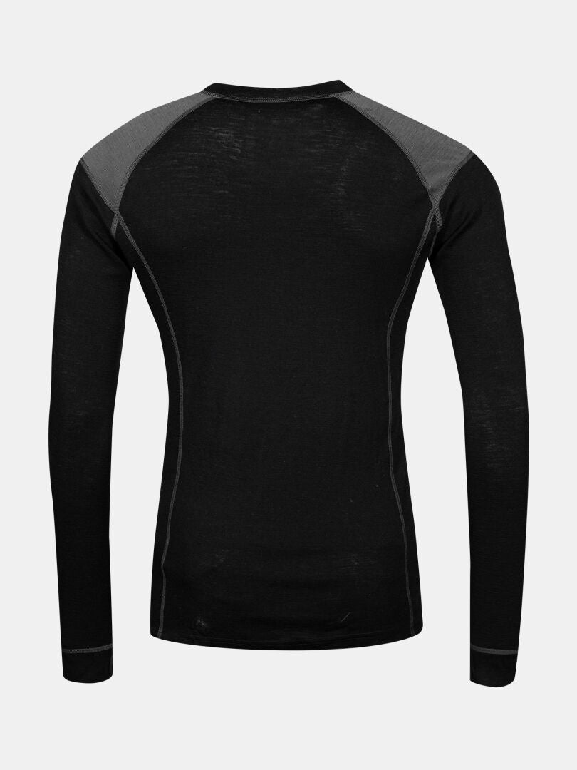 Halti Hossa II Merino underställset herr, svart med grå axelpaneler, visad bakifrån mot ljus bakgrund.