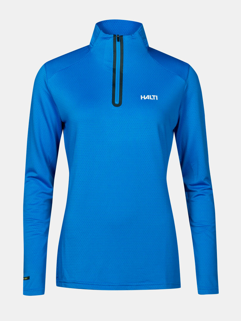 Halti Jaako Tröja Dam: blå långärmad tröja med kvartslås och logotyp, Active Dry Sport Knit, på enfärgad bakgrund.