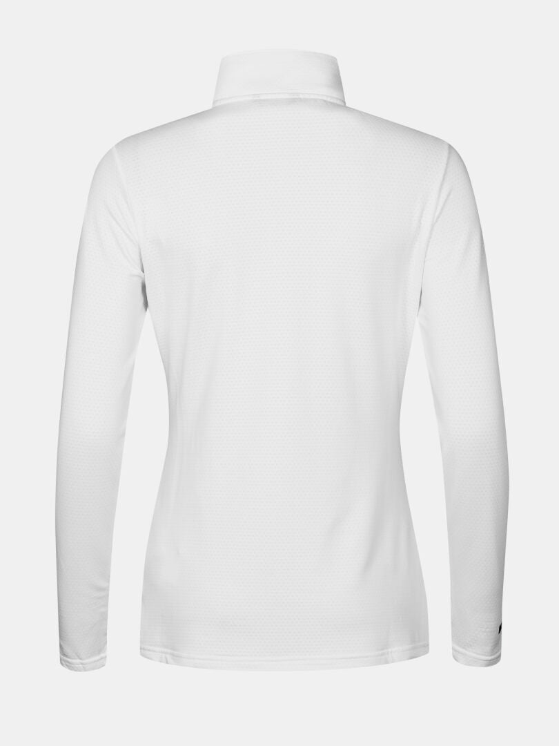Bakifrån på Jaako Tröja Dam by Halti - en figurnära, långärmad vit skjorta i Active Dry Sport Knit med krage.