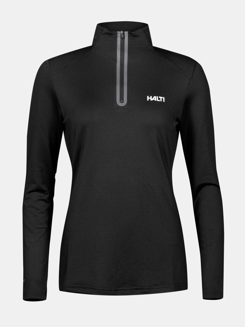 Halti Jaako Tröja Dam: svart långärmad mellanlager pullover med Active Dry Sport Knit och logga på vänster bröst.