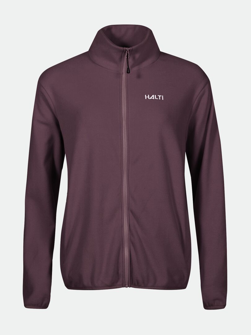 Halti Rockmoon Fleecejacka Dam Plus är en rödbrun stretchfleecejacka med dragkedja, långa ärmar och logotyp.