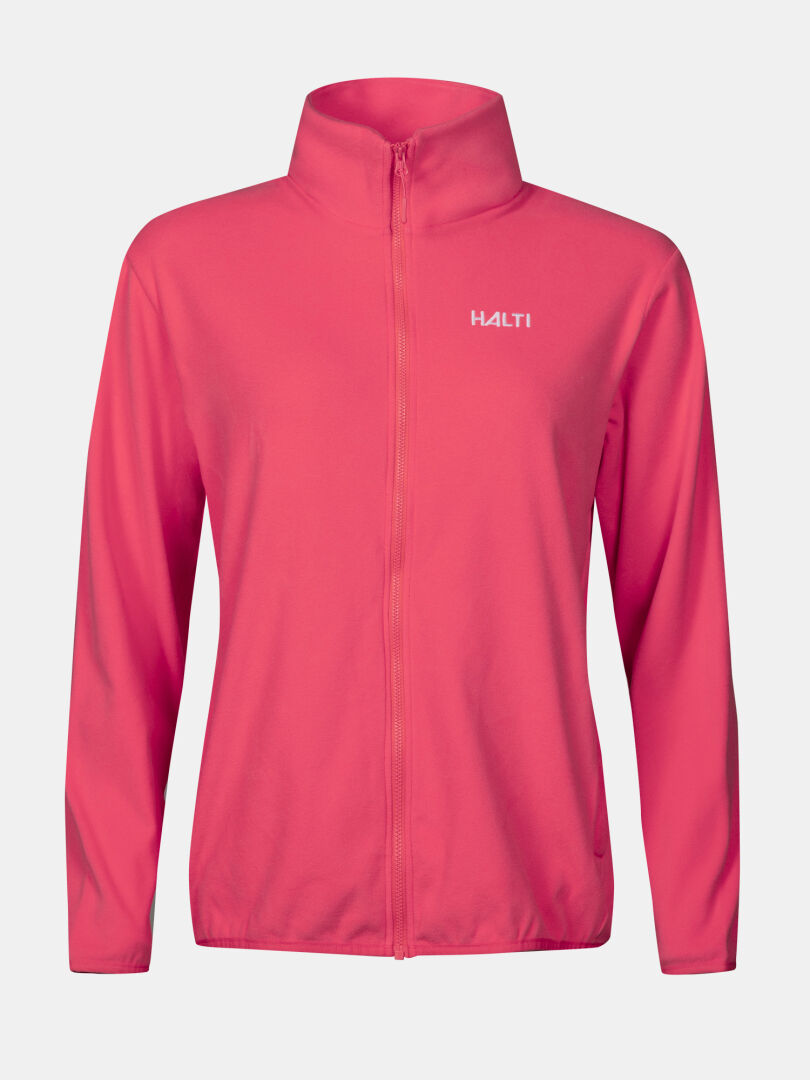 Halti Rockmoon Fleecejacka Dam Plus i rosa har hög krage och logotyp på bröstet och visas på en enfärgad bakgrund.