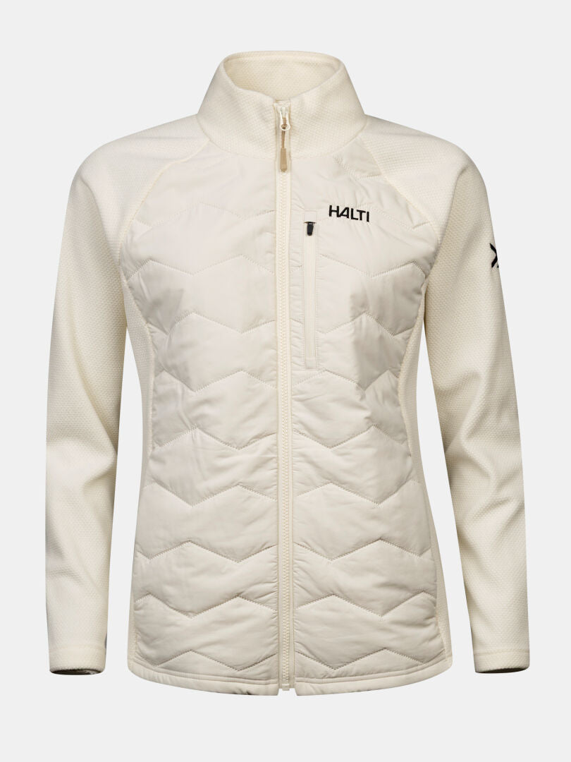 Halti Suomis Hybrid Mellanlager Dam: krämfärgad, quiltad framsida, Microtherm, bröstficka, logotyper på vänster bröst och arm.