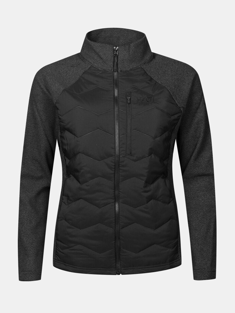 Svart Halti Suomis Hybrid Mellanlagerjacka Dam Plus – en hybridjacka med quiltad framsida, hög krage och strukturerade ärmar.