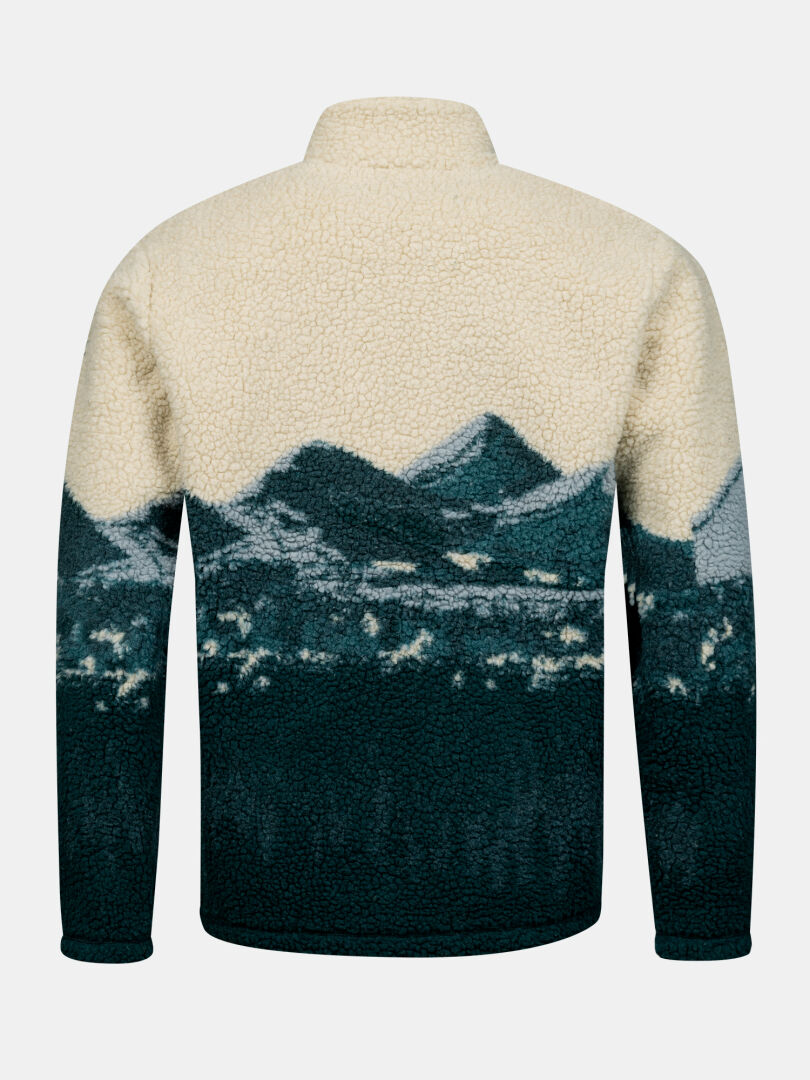 Halti Tunturit fleecejacka, unisex, i färgerna krämvit/mörkgrön med bergsmotiv, inspirerad av friluftslivet. Bilden visar baksidan.