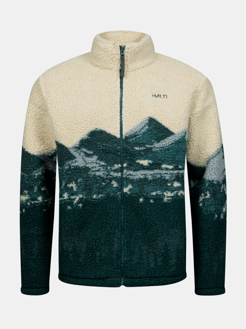 Halti Tunturit Fleece Jacka Unisex har fleecefoder, dragkedja fram och ett bergsmotiv i färgerna kräm och mörkgrönt.