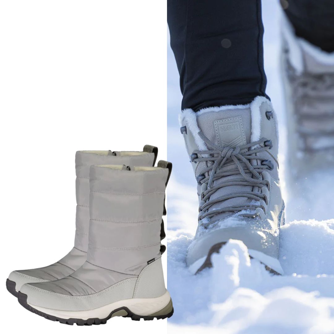 Grå vinterkängor mot en vit bakgrund som bärs när man går i snö.