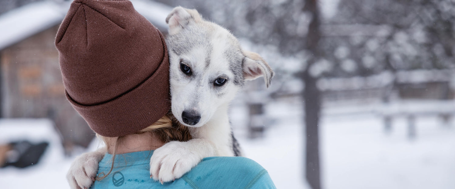 En person med brun mössa håller en ung huskyhund över axeln i en snöig utomhusmiljö.
