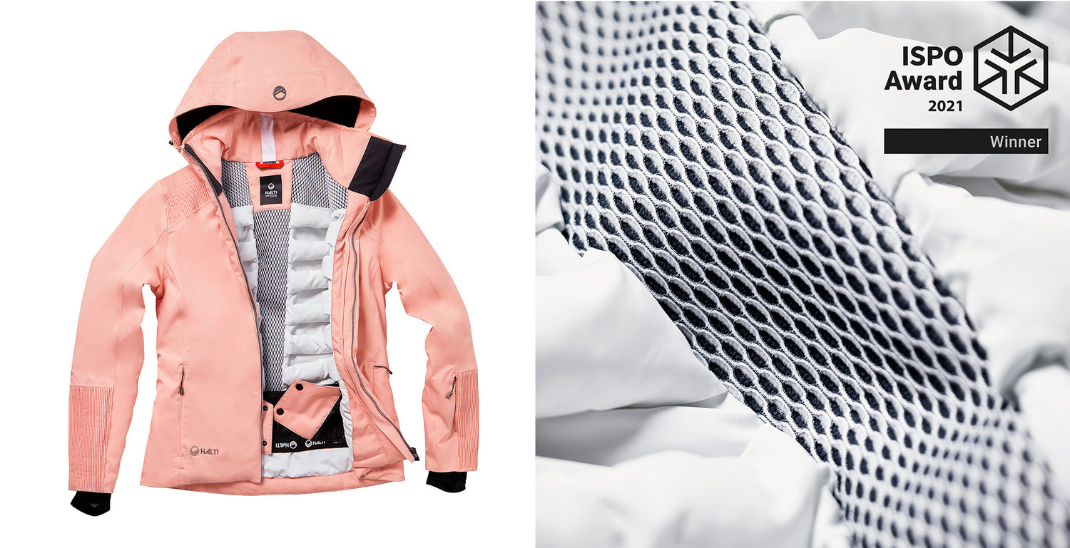 En rosa jacka med huva visas öppen, med en närbild av nätfodret och ett ISPO Award 2021 Winner-märke.
