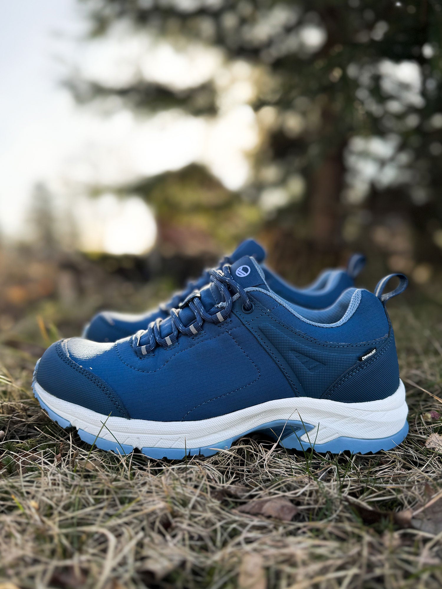 Ett par Halti Outdoorskor DX Low Dam med vit GripmaxX Antislip-sula vilar på torrt gräs utomhus.