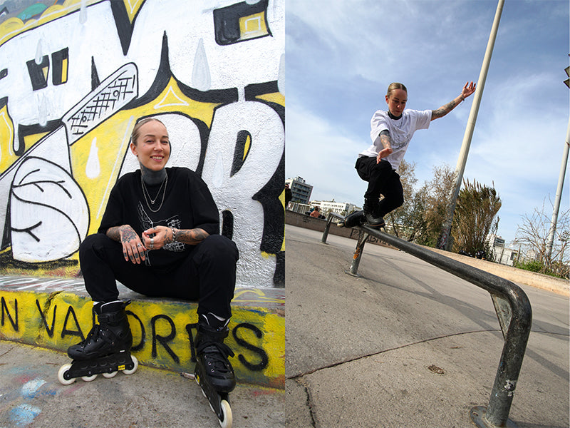 Delad bild: Till vänster sitter en person i svarta rollerblades vid en graffitivägg. Till höger slipar samma person en skena på sina rullskridskor.