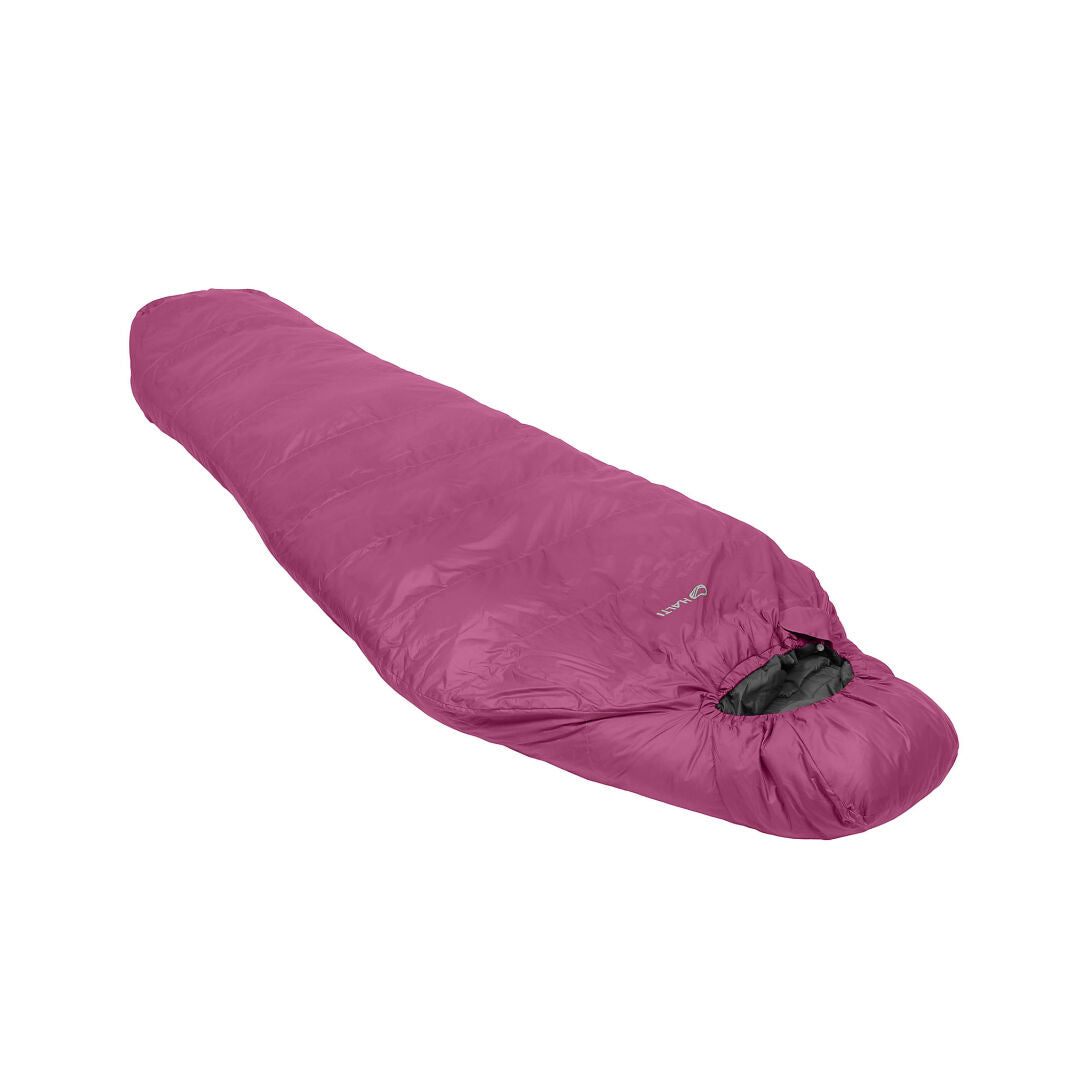 Halti Dreamcatcher 30 M sovsäck, rosa med Microtherm-fiber och en åtdragen huva, ligger platt på en vit bakgrund.