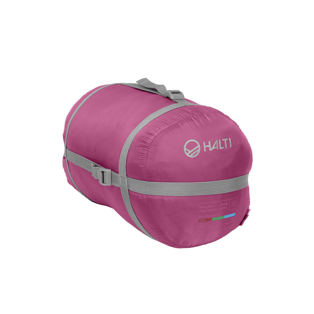 Halti Dreamcatcher 30 M Sovsäck: rosa, i kompressionssäck med grå remmar, tillverkad av återvunnet material och Microtherm-fiber.