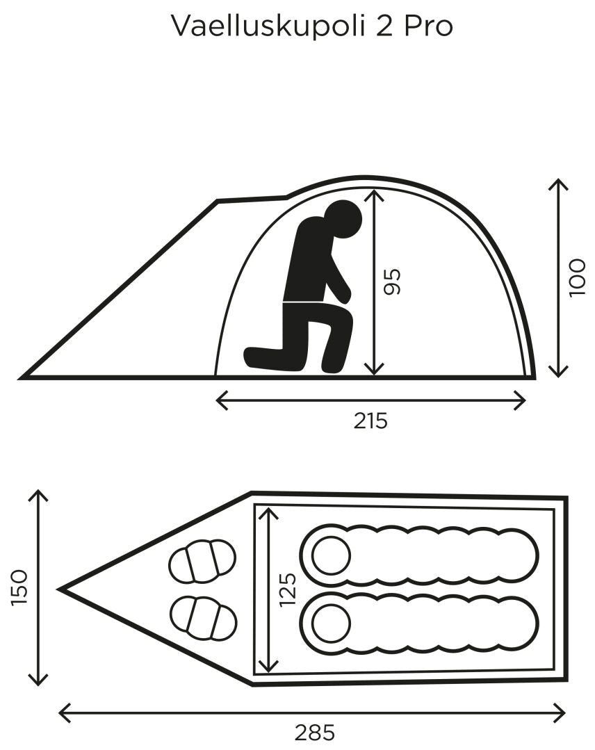 Halti Vaelluskupoli 2 Tält: tvåmannatält för vandring/camping med tejpade sömmar, 215x150x100 cm.