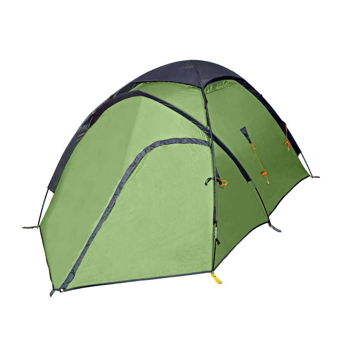 Halti Vaelluskupoli 2 Tält är ett grönt kupoltält med tejpade sömmar och gula detaljer, perfekt för vandring och camping.