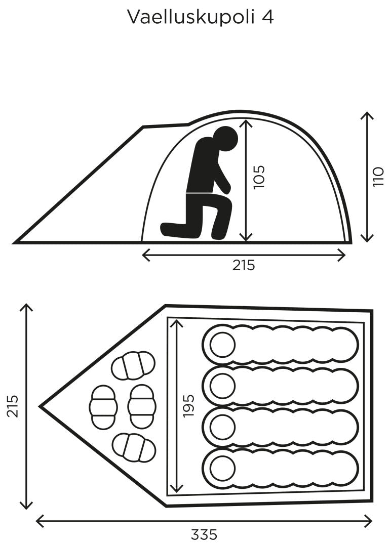 Halti Vaelluskupoli 4 Tält: vattentätt, 215x335 cm, 110 cm högt, plats för 4 liggande och 2 sittande vid ingången.