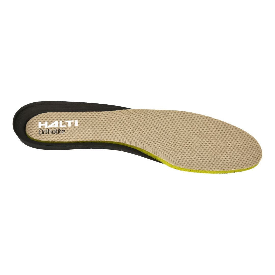 Halti Hiking Ortholite Innersula är en brun och svart innersula med støtdämpande skum och Halti-märkning nära hälen.