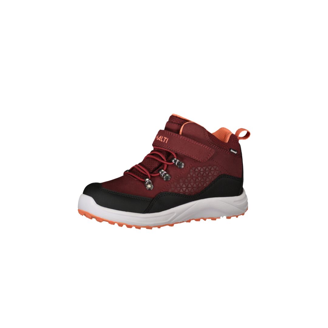 Halti Gisla Junior Mid DrymaxX Sneaker: rödbrun/svart, röda snören, kardborreband, vit och orange sula.