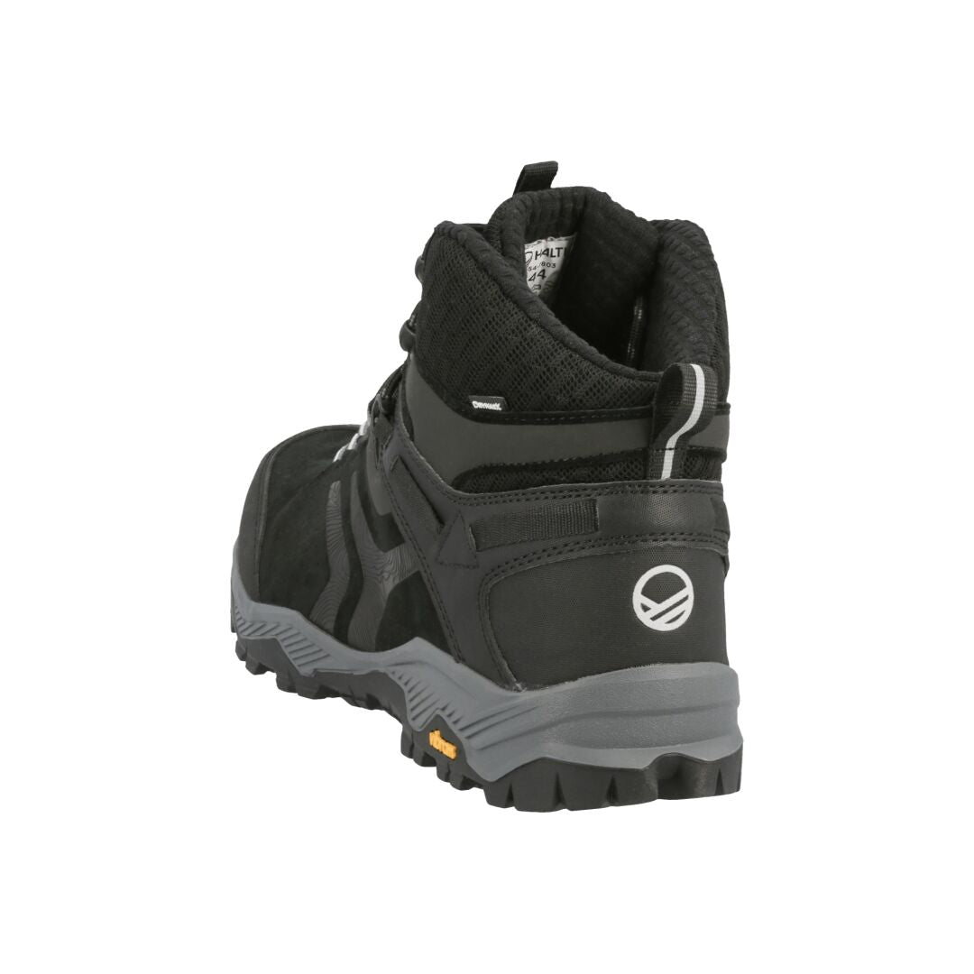 Halti Ragnar Mid DrymaxX Vandringskänga i svart/grått med Vibram Inverness-sula, visad bakifrån och från sidan.