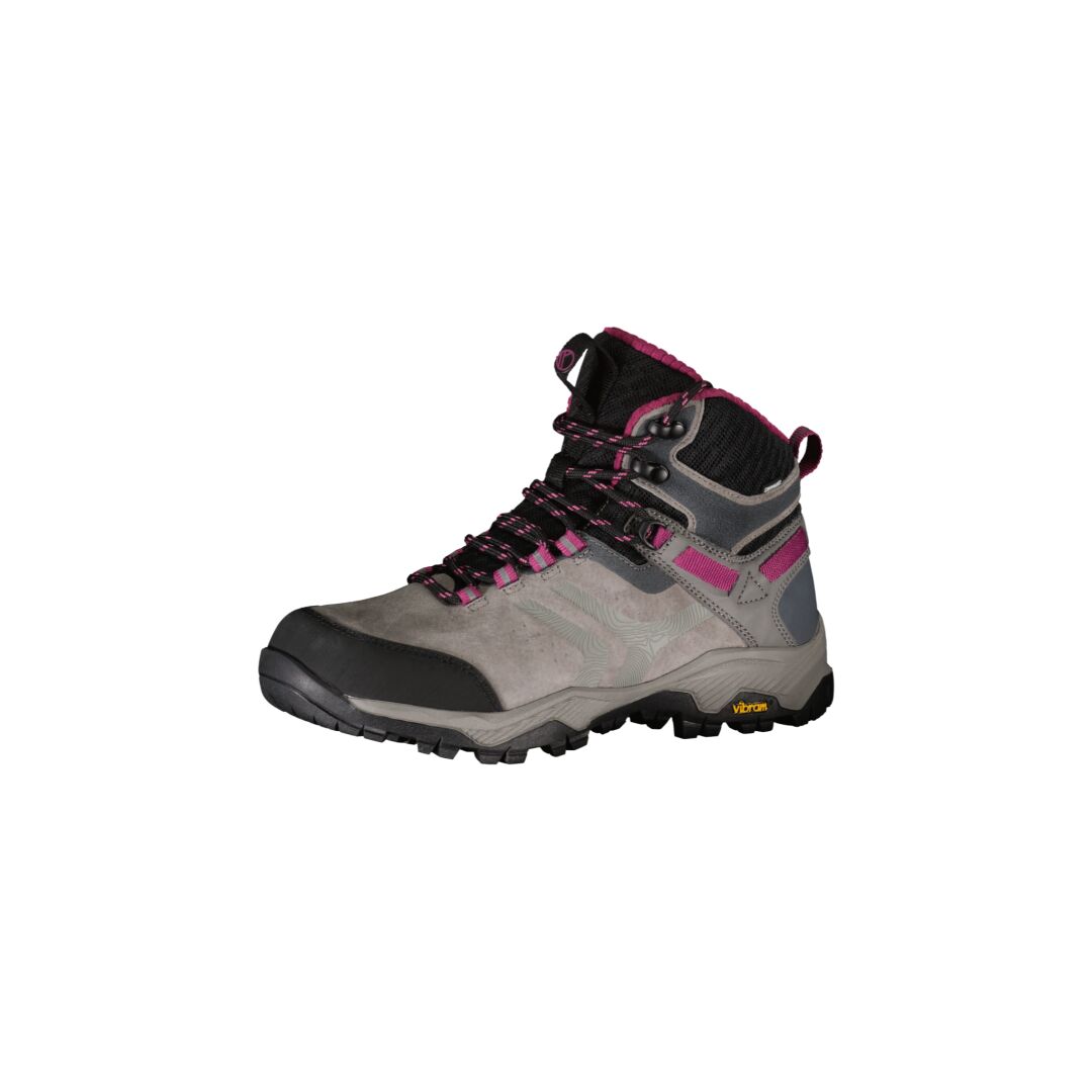 Halti Ragnar Mid Dam DrymaxX vandringskänga, grå/svart med rosa detaljer, Vibram Inverness-sula och ankelskydd.
