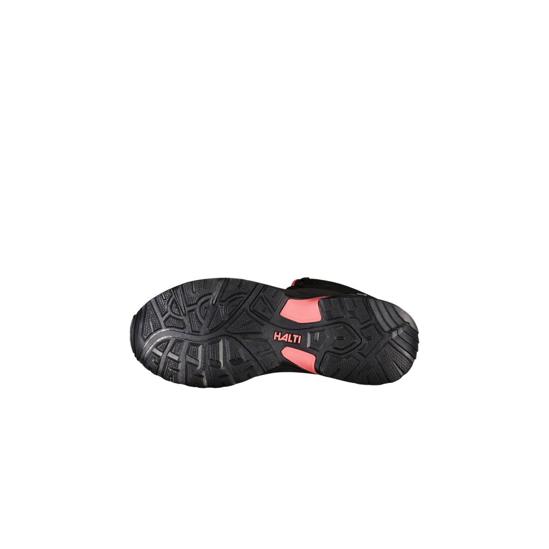 Halti Uffe Dam Mid DrymaxX Outdoor Skor: svart GripmaxX-sula, rosa detaljer, vit HALTI-logotyp i mitten.