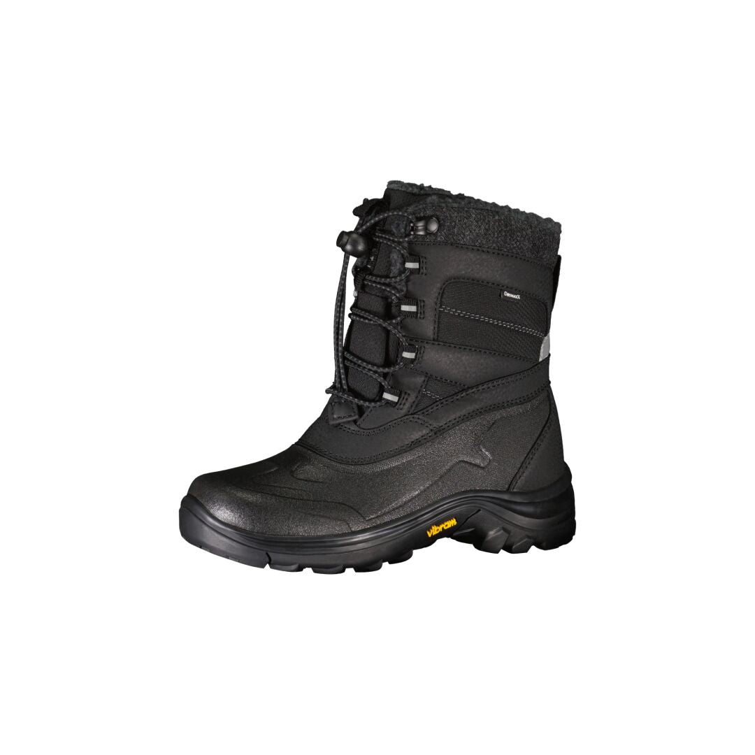 Halti Inari Junior DrymaxX Vinterskor är en svart vinterkänga med Vibram-sula, fleecekrage och gul märkning.