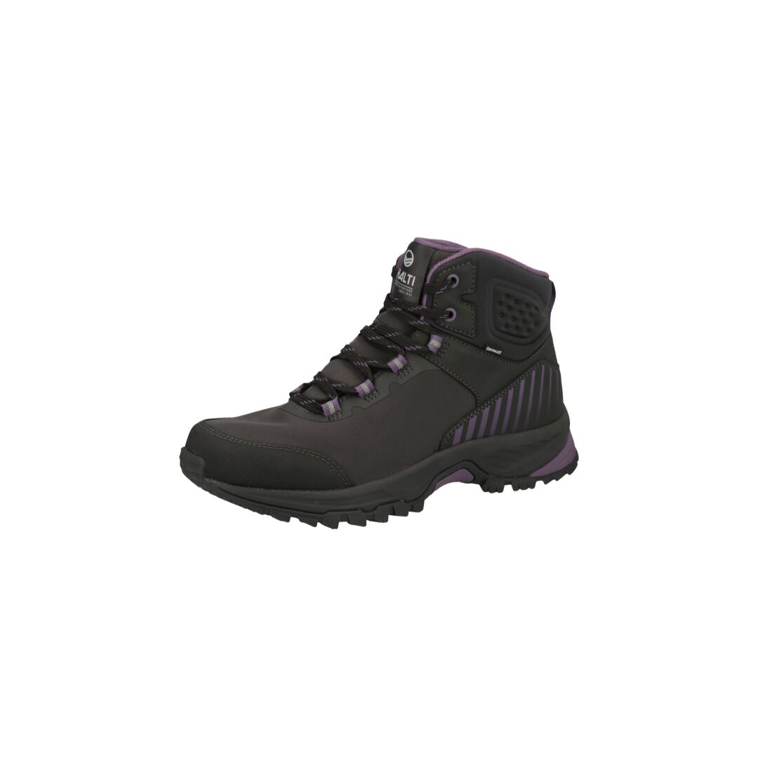 Halti Winnipeg Mid DrymaxX Skor Dam i svart och lila med GripmaxX Arctic-sula, i trekvartsvinkel.