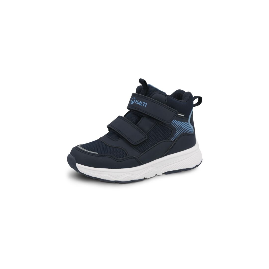 Halti Petja Mid DrymaxX Skor Junior är en marinblå vattentät sneaker med kardborreband, vit sula och ljusblå detaljer.