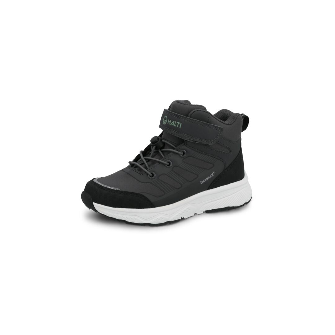 Halti Course Mid DrymaxX Junior: mörkgrå ankelhöga sneaker med svarta/vita detaljer, kardborreband och tjock vit sula.
