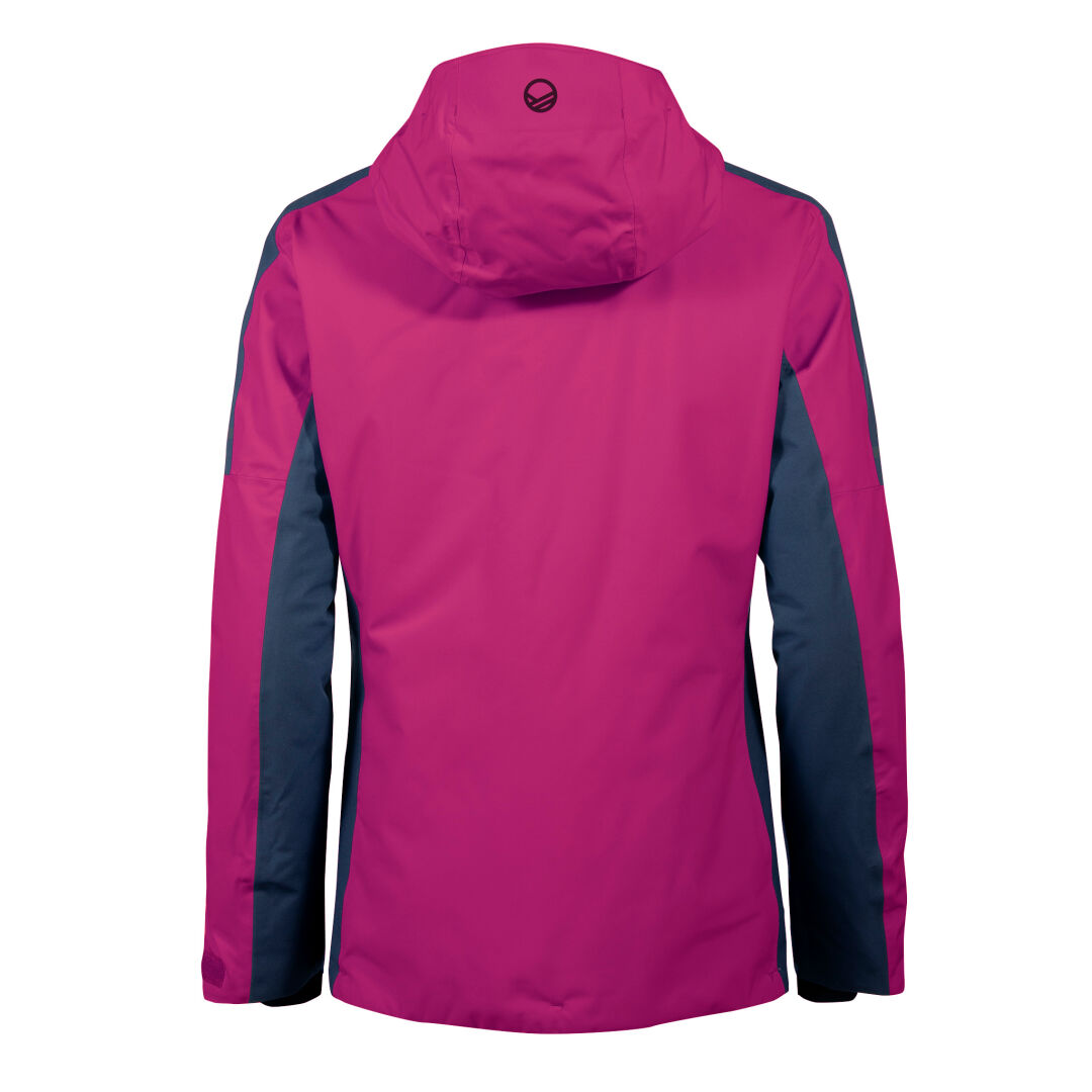 Halti Alexa Dam DrymaxX magenta skidjacka med huva och mörkblå paneler, tillverkad av återvunnen polyester, visad bakifrån.
