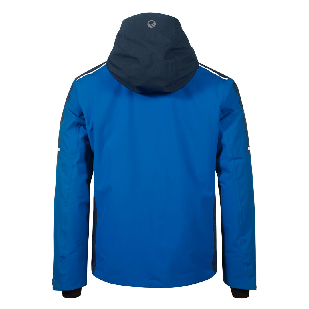 Halti Tim Herr DrymaxX Skidjacka: blå med mörk huva, svarta sidor, reflexkanter, tillverkad av återvunnen polyester.