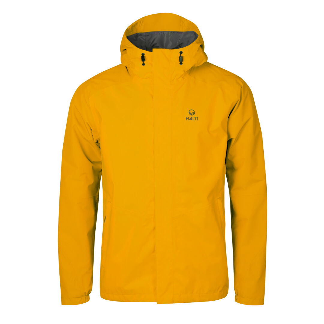 Halti Fort DX Skaljacka Herr, gul, vatten- och vindtät med dragkedja fram och Halti-logotyp på vänster bröst.